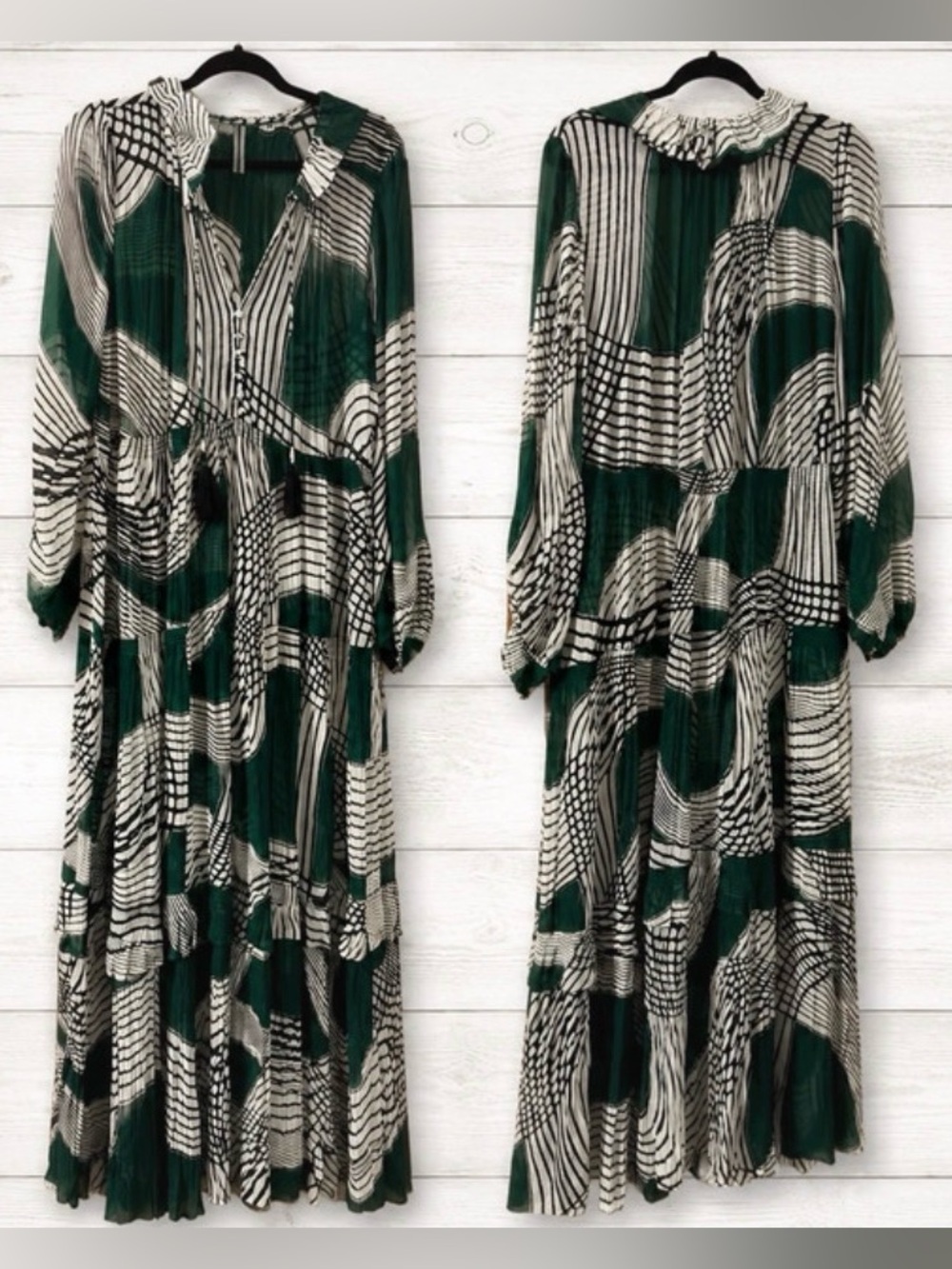 Anthropologie The Marais Printed Chiffon Maxi Dress Size Medium Green Black - Picture 4 of 10